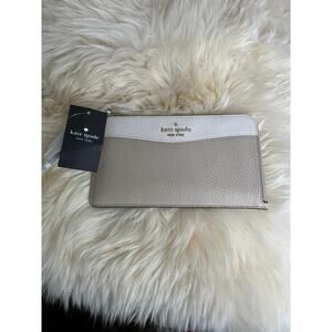 Kate Spade Newyork L-Zip Pebbled Leather Colorblock Wristlet Wallet Light Sand